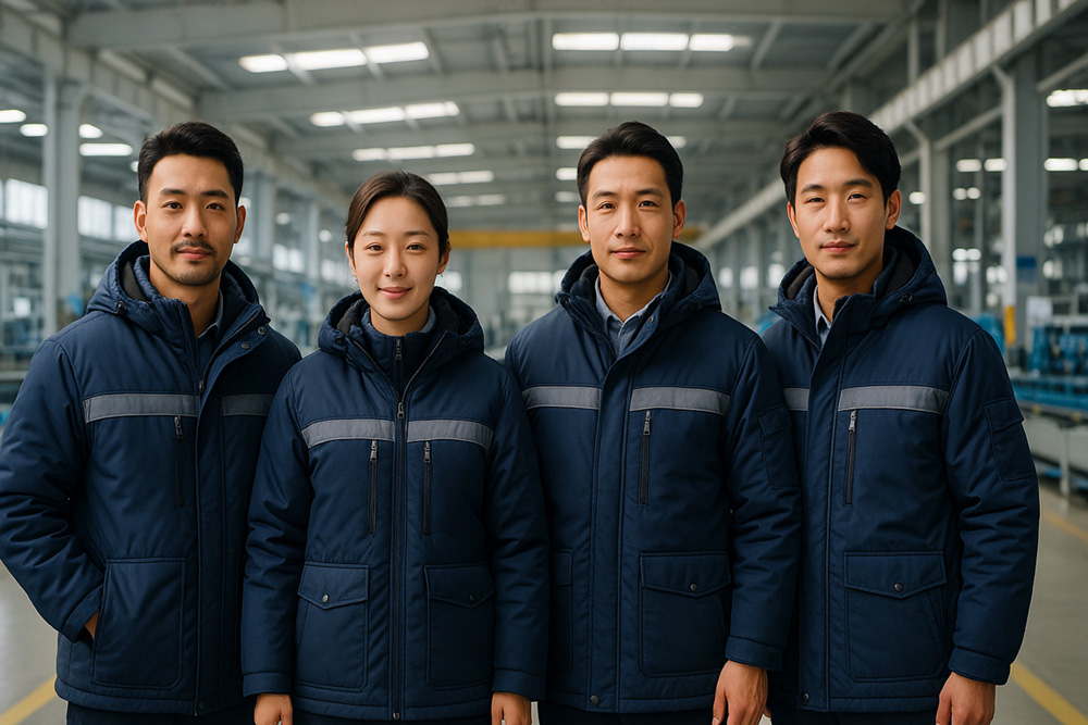 客户企业团队穿着冬季保暖工作服合影 - 大连思戴尔服饰